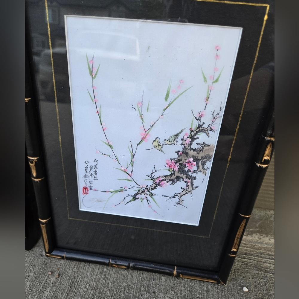Two Original Art Paintings Asian Birds on Branches Vintage Bamboo Frame Upcycled - Picture 4 of 10